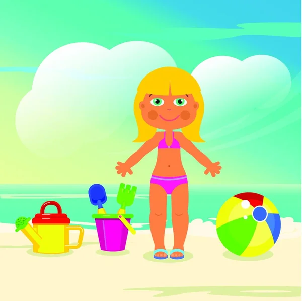 Девушка Пляже Играет Игрушками Векторная Иллюстрация — стоковый вектор