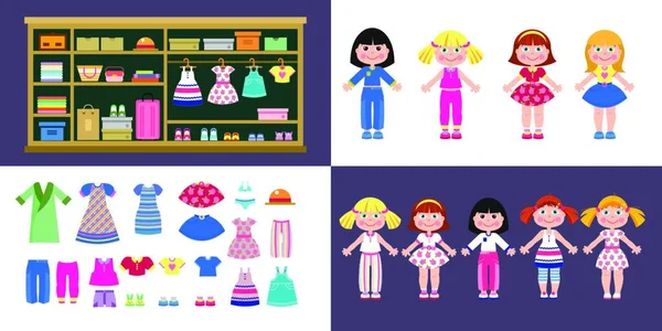 Set Paper Girls Dolls Different Clothes Set Clothes Shoes Closet — Stock Vector