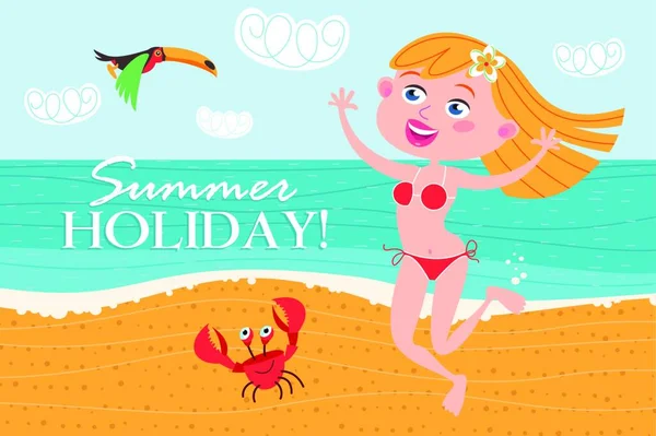 Mädchen Die Spaß Haben Und Strand Tanzen Sommerferien Vektorillustration Flachen — Stockvektor