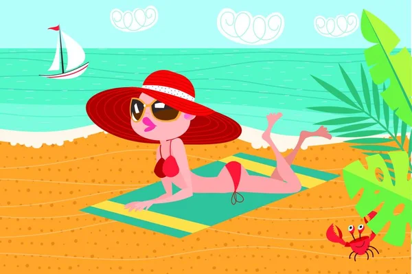 Girl Red Hat Sunbathing Beach Vector Illustration Flat Style — Stock Vector