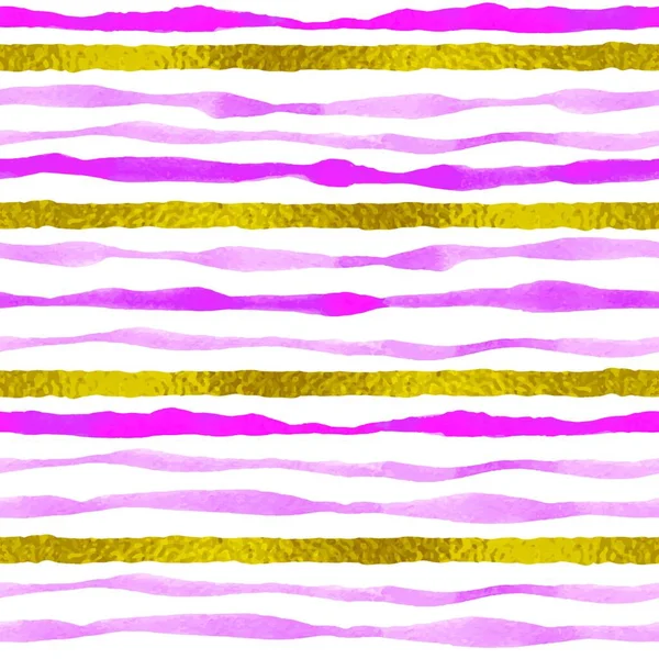 粉色和金色条纹水彩画无缝图案与波浪形线条 手绘矢量背景 — 图库矢量图片