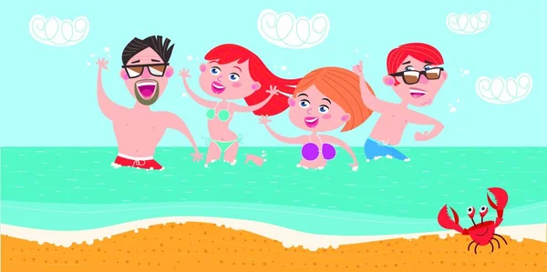 Жаркие Летние Каникулы Молодые Парни Девушки Купаются Море Наслаждаются Летом — стоковый вектор