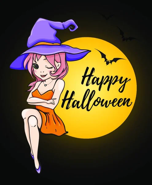紫色の帽子にかわいい若い魔女とハロウィングリーティングカード ハッピーハロウィンレタリング ベクターイラスト — ストックベクタ