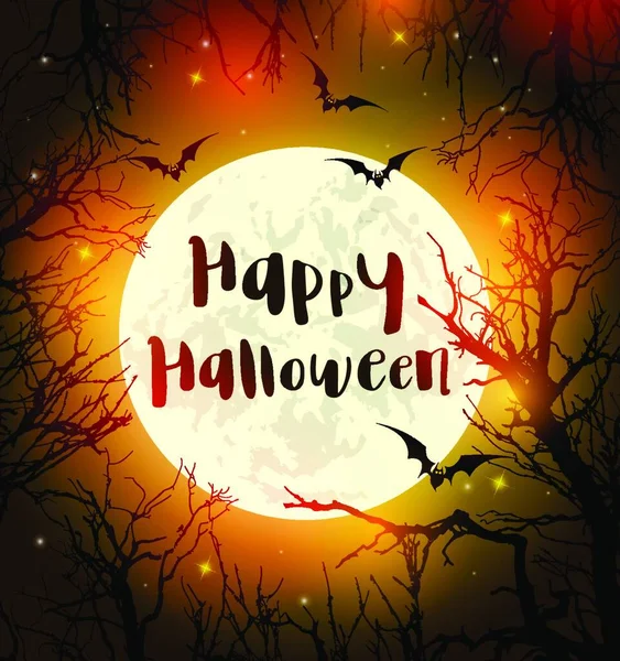 Tarjeta Felicitación Halloween Con Luna Llena Murciélagos Siluetas Negras Árbol — Archivo Imágenes Vectoriales