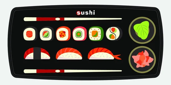 Satu Set Sushi Piring Vektor Ilustrasi Makanan Asia Terisolasi Pada - Stok Vektor