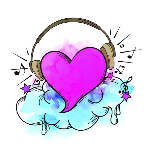 Musical Retro Background Pink Heart Headphones Vector Illustration Pink Blue — Stock vektor