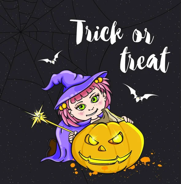 Carte Vœux Halloween Avec Jolie Petite Fille Costume Sorcière Trick — Image vectorielle