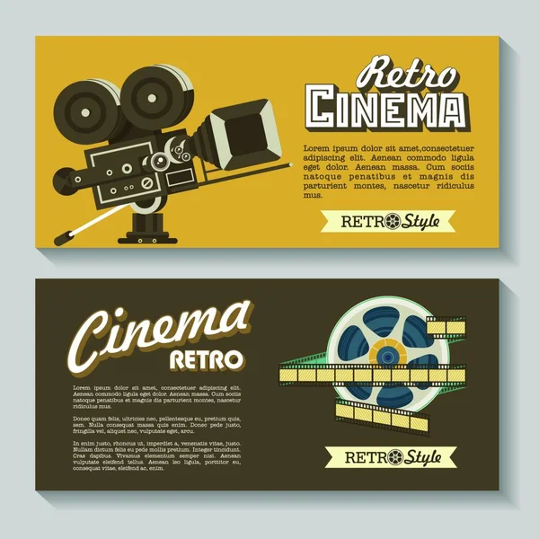 Juego Banners Vectoriales Volantes Cine Retro Cámaras Película Carretes Película — Vector de stock