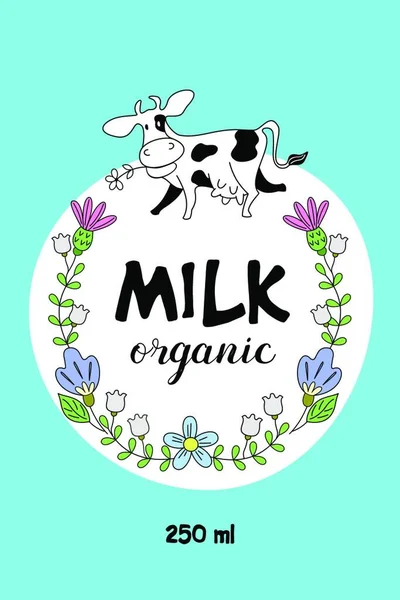 Vaca Engraçada Quadro Flores Selvagens Produtos Lácteos Orgânicos Ilustração Vetorial — Vetor de Stock