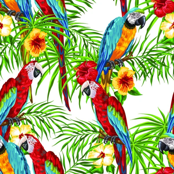 Тропічний Безшовний Візерунок Папугами Пальмове Листя Квіти Гібіскусів Екзотичні Птахи — стоковий вектор