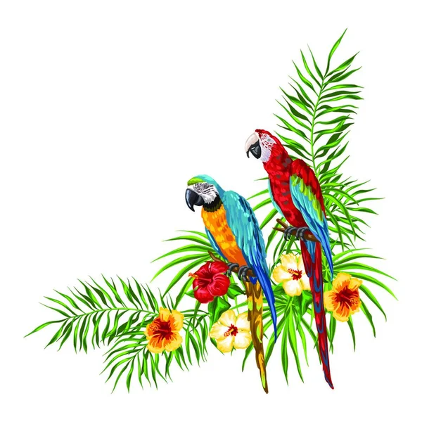Papağanlı Tropik Bir Arka Plan Palmiye Yaprakları Amber Çiçekleri Egzotik — Stok Vektör