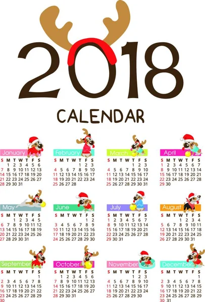 Calendario Para Nuevo 2018 Símbolo Del Año Del Perro Divertido — Archivo Imágenes Vectoriales