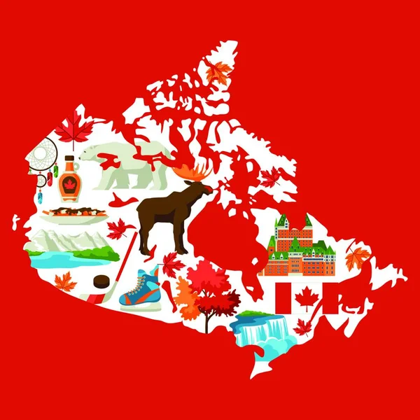 カナダ地図のイラスト カナダの伝統的なシンボルとアトラクション カナダ地図のイラスト — ストックベクタ