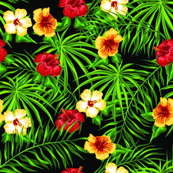 熱帯のシームレスなパターン ヤシの葉とハイビスカスの花 熱帯シームレスパターン — ストックベクタ