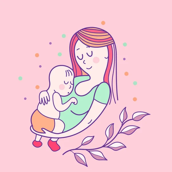 Поздравительная Открытка Днем Матери Красивая Мать Держит Симпатичного Ребенка Линейная — стоковый вектор