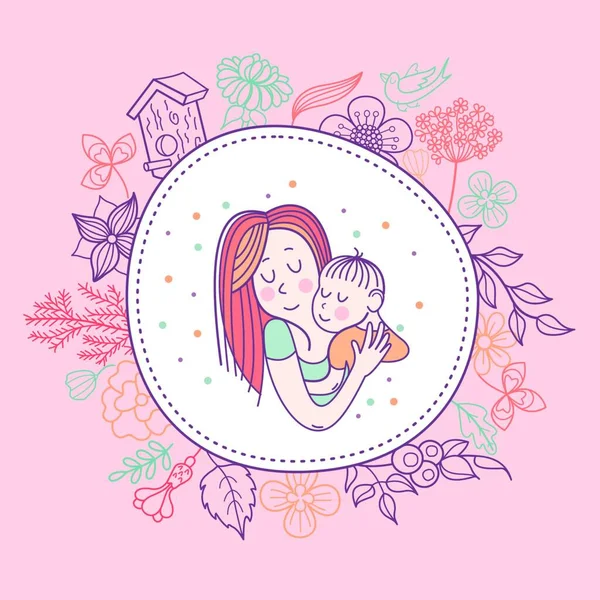Saudação Cartão Mãe Rsquo Dia Uma Mãe Bonita Segura Bebê — Vetor de Stock