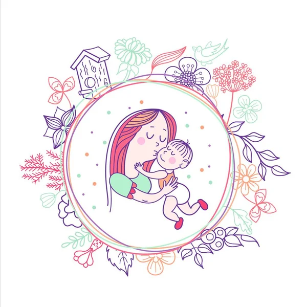 Karta Okolicznościowa Dzień Matki Rsquo Ładna Matka Trzyma Słodkie Dziecko — Wektor stockowy