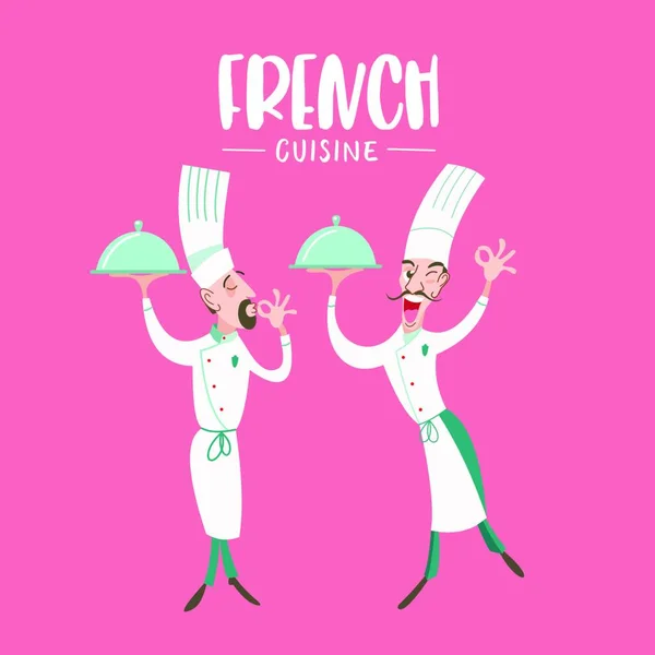 Franse Keuken Vrolijke Chef Met Een Schotel Vector Illustratie Chef — Stockvector