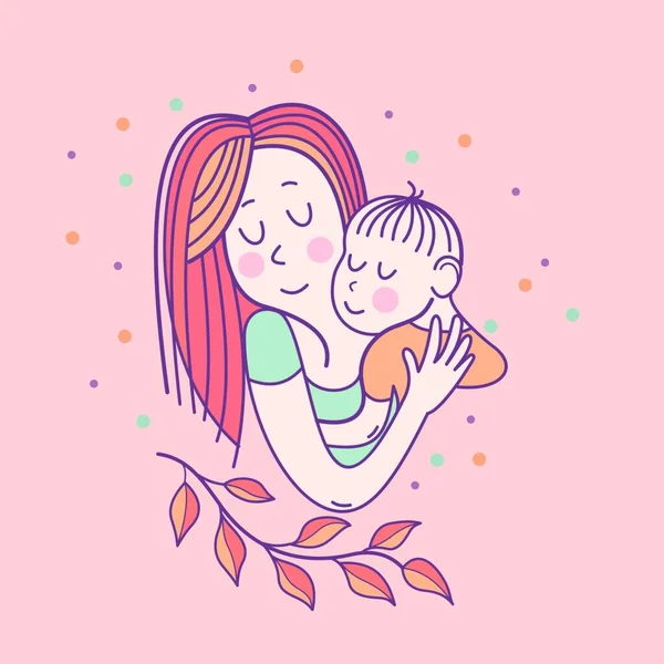 Поздравительная Открытка Днем Матери Красивая Мать Держит Симпатичного Ребенка Линейная — стоковый вектор