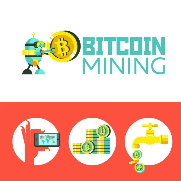 Mineração Bitcoin Robô Bonito Carrega Uma Grande Moeda Bitcoin Conceito —  Vetores de Stock