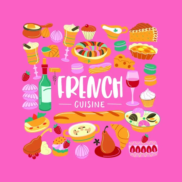 Cucina Francese Una Serie Clipart Cucina Tradizionale Francese Dolci Vino — Vettoriale Stock