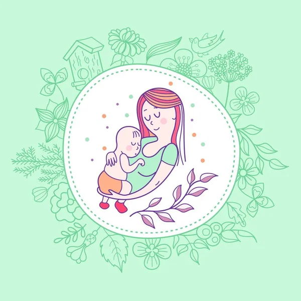 Tarjetas Felicitación Madre Rsquo Day Una Guapa Madre Tiene Bebé — Vector de stock