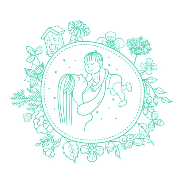 Mère Son Enfant Illustration Vectorielle Linéaire Couronne Florale Herbes Fleurs — Image vectorielle