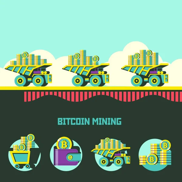 Bitcoin Mijnbouw Cryptogeld Vectorconcept Dump Truck Draagt Bitcoins Vectoremblemen Wagen — Stockvector