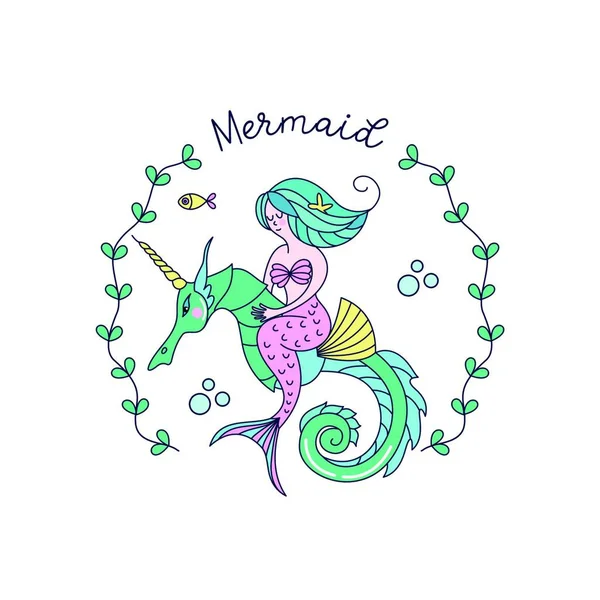 Criatura Mermaid Mitológica Mermaid Que Conduce Unicorn Mar Mermaid Criatura — Vector de stock
