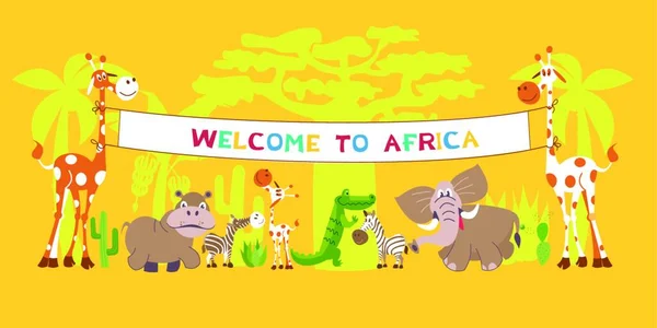 Африканские Животные Пустыне Жирафы Держат Плакат Надписью Добро Пожаловать Африку — стоковый вектор