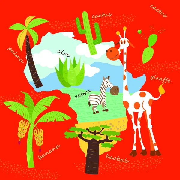 African cartoon animals. . African animals in the desert. Giraffes hold a banner that says Welcome to Africa. Under the banners are elephant, Hippo, Zebra, crocodile. Vector illustration.