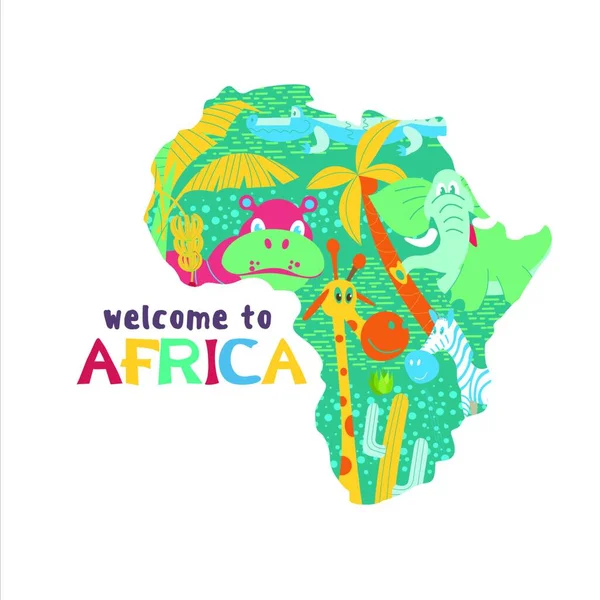 Africká Kreslená Zvířata Silueta Afriky Africkými Zvířaty Stromy Slon Hroch — Stockový vektor