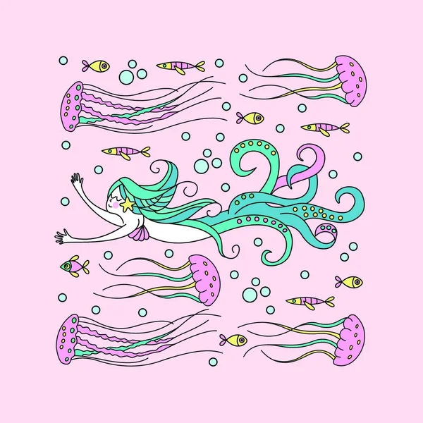 Criatura Mitológica Hada Del Mar Mermaid Con Tentáculos Pulpo Criatura — Vector de stock