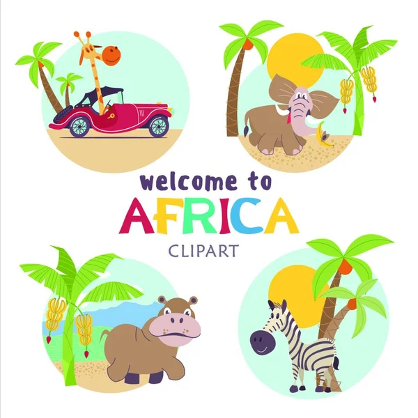 African cartoon animals. . Africa. African cartoon animals. Set of cute illustrations, icons. Giraffes, elephants and zebras.  Welcome to Africa, vector illustration.
