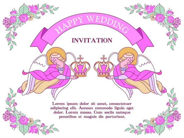 Felizes Casamentos Convite Casamento Postal Dois Anjos Estão Segurando Coroas — Vetor de Stock