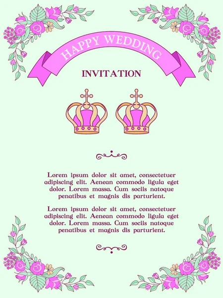 Bröllopsinbjudan Bröllopskort Kristen Bröllopsceremoni Två Bröllopskronor Blomsterkarmar Vektorillustration — Stock vektor