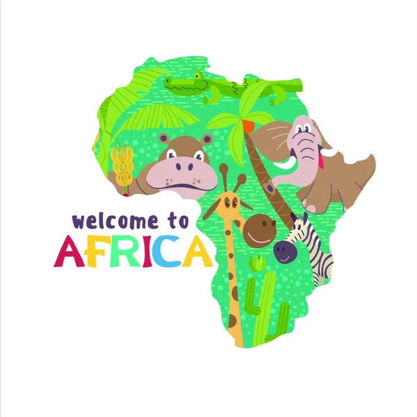 Africká Kreslená Zvířata Silueta Afriky Africkými Zvířaty Stromy Slon Hroch — Stockový vektor