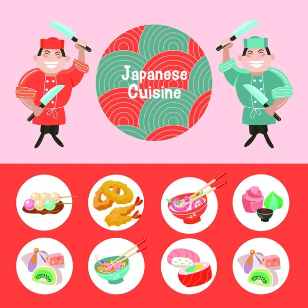 Japanese Cuisine Set Traditional Japanese Dishes Japanese Chef Large Kitchen — Stock Vector