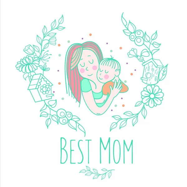 Mother Her Child Linear Vector Illustration Floral Wreath Herbs Flowers — Stock Vector