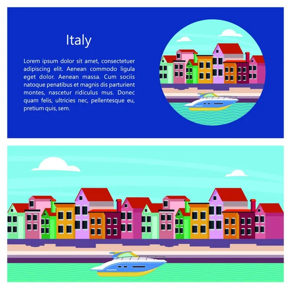 Italie Venise Maisons Colorées Près Canal Illustration Vectorielle Carte Postale — Image vectorielle