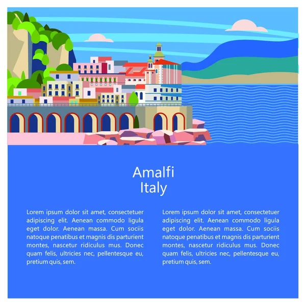 Amalfi Vagyok Tengerparti Város Olaszországban Vektor Illusztráció Helyet Szövegnek Turisztikai — Stock Vector