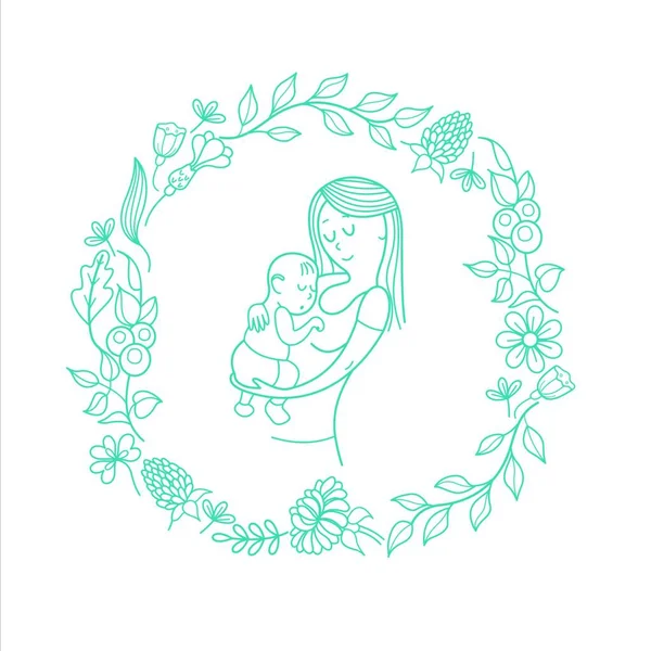 Madre Hijo Ilustración Lineal Vectores Corona Floral Hierbas Flores Logotipo — Vector de stock