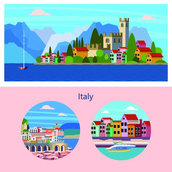 ガルダ湖 レイクシティだ ヴェネツィアのラウンドアイコン Amalfi テキスト用のスペース付きベクトルイラスト 観光小冊子のテンプレートデザイン — ストックベクタ