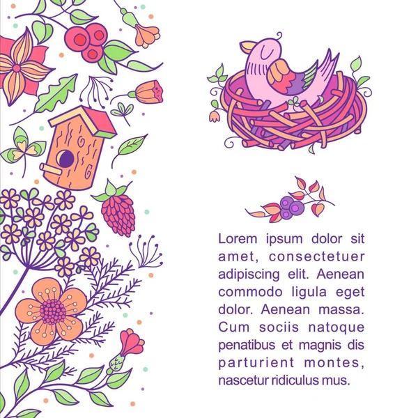 Madár Fészket Illusztráció Tavaszi Virágok Levelek Ágak Van Egy Hely — Stock Vector