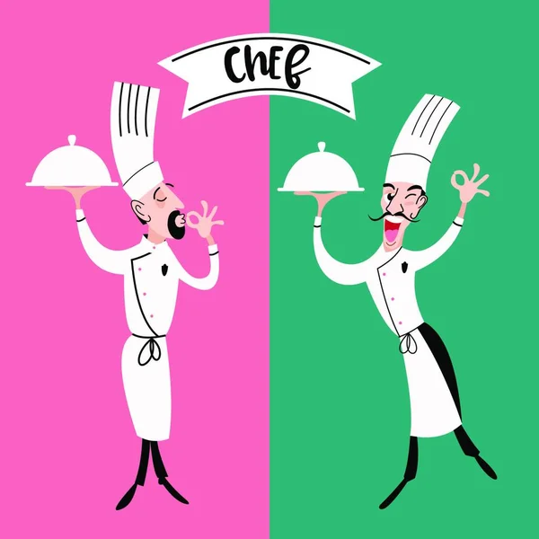 Vrolijke Chef Met Een Schotel Vector Illustratie Chef Maakt Een — Stockvector