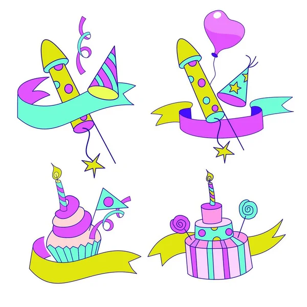 Unicornios Ilustración Feliz Cumpleaños Conjunto Artículos Festivos Para Cumpleaños Para — Vector de stock