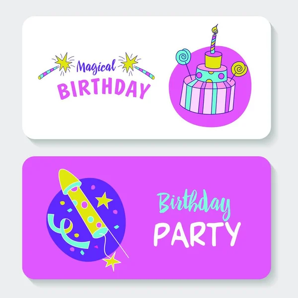 独角兽Unicorns 祝你生日快乐的例证 生日快乐 问候卡 一个有蜡烛和糖果的漂亮的大蛋糕 烟火节庆火箭 — 图库矢量图片
