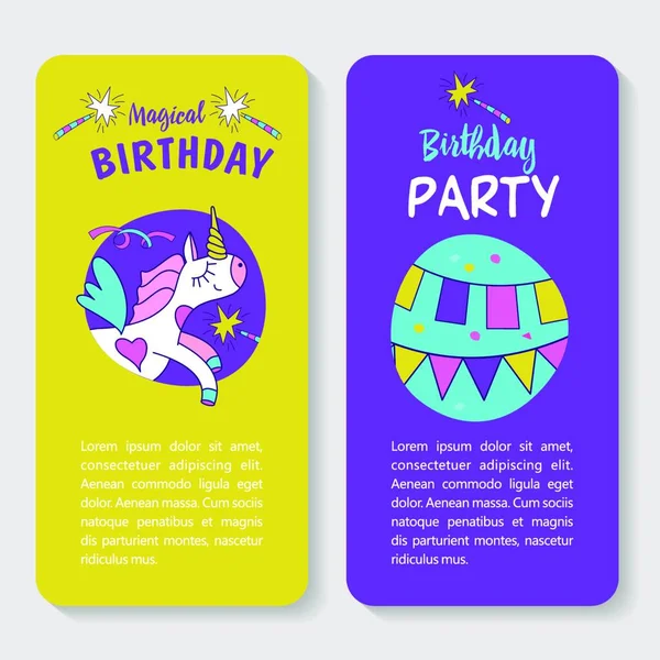 独角兽Unicorns 祝你生日快乐的例证 神奇的生日 模板贺卡 邀请函 可爱迷人的独角兽 带着旗子 魔杖的花园子 放你的文字 — 图库矢量图片