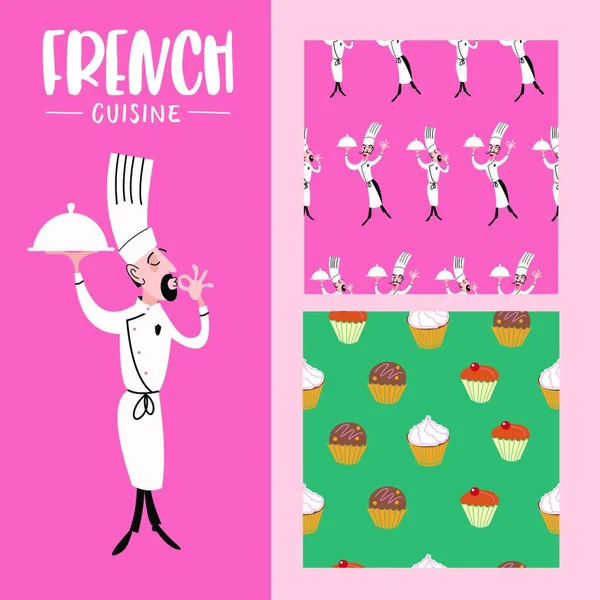 French Cuisine Vector Illustration Funny Chef Dish Hand Seamless Pattern — Stock Vector