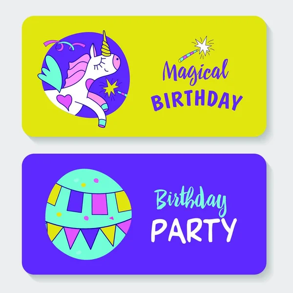 Unicorns Illustration Happy Birthday Magical Birthday Template Greeting Cards Invitations — Stock Vector